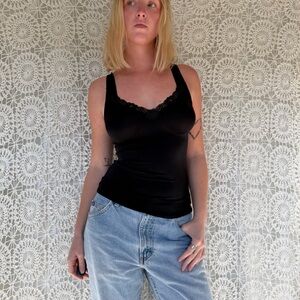 Inspirations Black Lace Trim Stretch Tank Top Size S/M (No Size Tag)